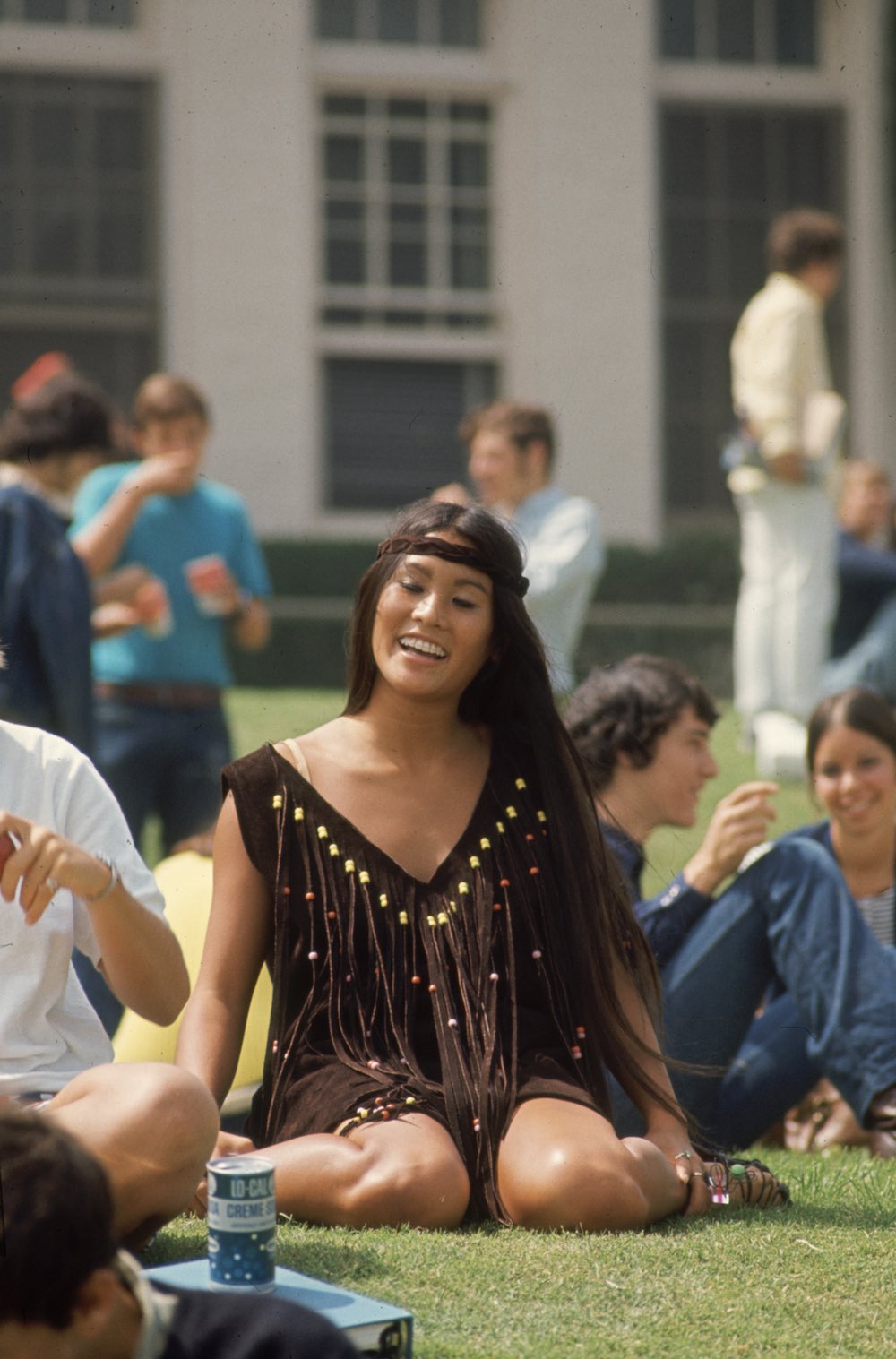Subject; Highschool student Rosemary Shoong wearing hippy 1960s fashion.  Beverly Hills High School, California October 1969 Photographer- Arthur Schatz Time Inc Owned Merlin-1201936
