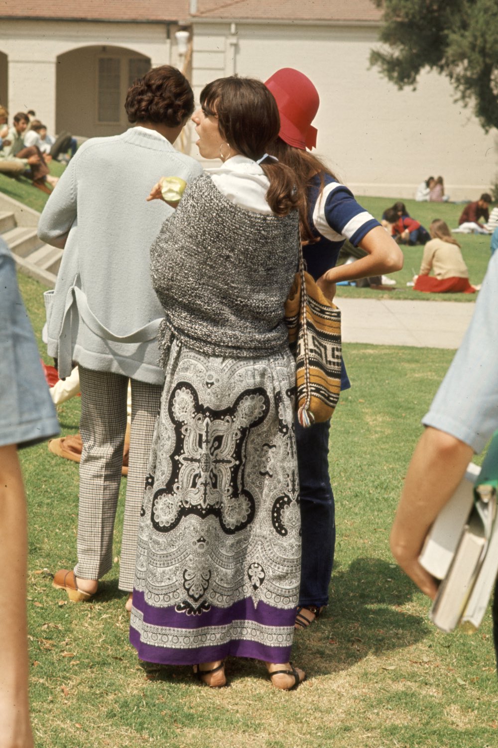 Subject: Southern California high school student wearing old fashioned tapestry skirt and wool shawl.  Hippy fashion. California, October 1969 Photographer- Arthur Schatz Time Inc Owned Merlin- 1201950