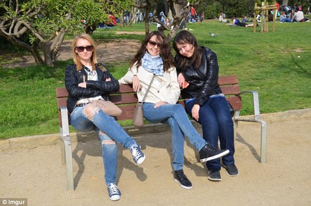 An optical illusion image of three women sitting on a park bench that