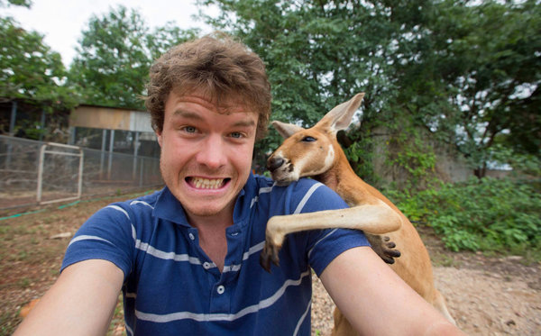 PIC BY @DAXON / CATERS NEWS - (PICTURED: Allan Dixon takes selfie with kangaroo) This real-life Dr. Dolittle walks with the animals, talks with the animals, and... TAKES SELFIES with them. Traveller Allan Dixon has amassed a hilarious collection of shots with a variety of exotic creatures. Included in the 29-year-olds collection are smiling snaps with the likes of kangaroos, quokkas, camels and sea lions. In some of the shots, Allan, who is originally from Wicklow, Ireland, can even be seen in festive poses, placing a Santa hat on himself or his furry friends. - SEE CATERS COPY